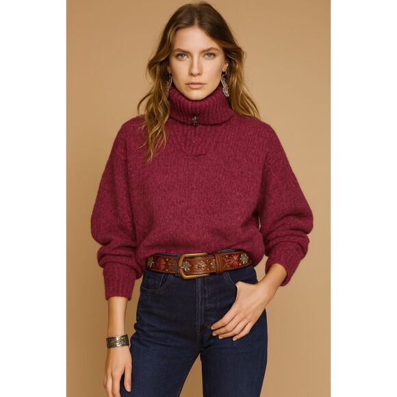 Isabel Marant Red Zipper Trim Boxy Turtleneck Sweater Top   Women's Size 38 - Picture 1 of 10